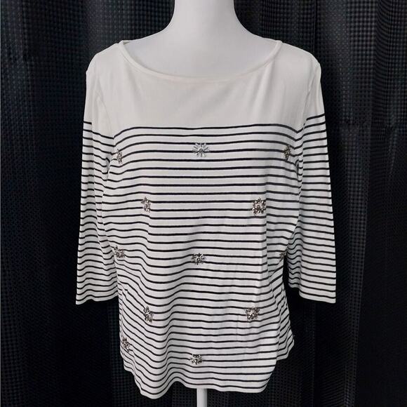 TALBOTS! BLACK & WHITE STRIPED, BEJEWELED FLOWER DETAIL TOP, TEE! SZ XLP - Picture 2 of 8